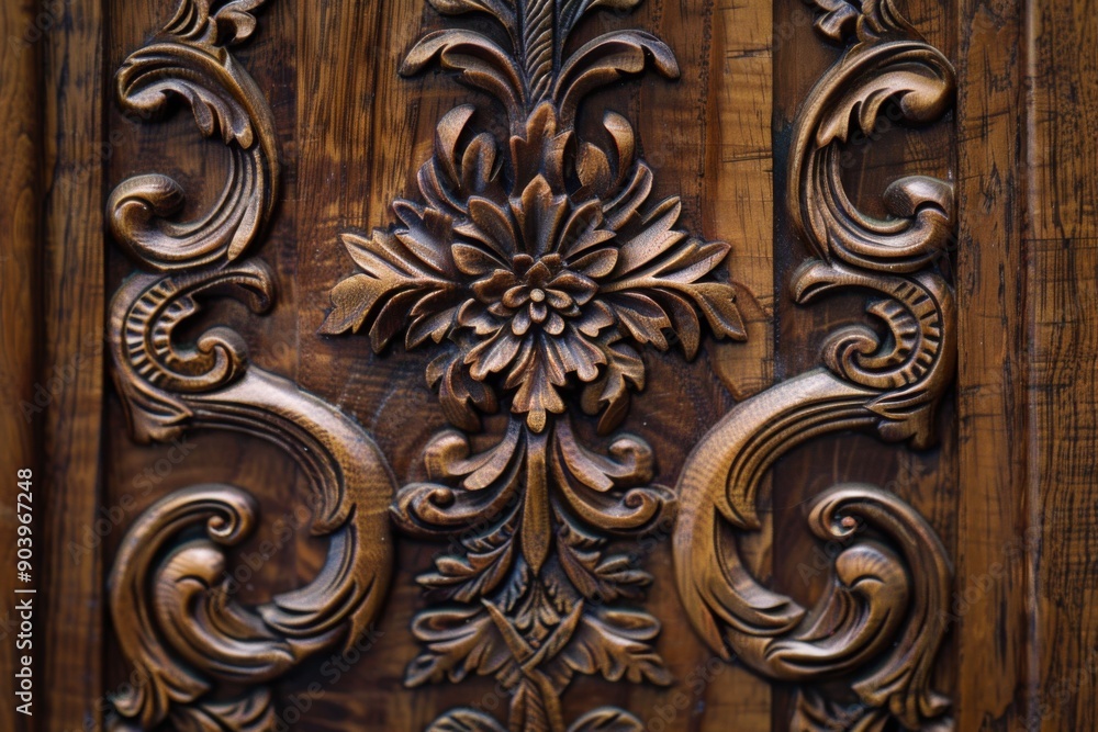 Carved Wooden Doors Closeup. Abstract Artwork with Antique Brown Background Carved Wooden Doors Closeup. Abstract Artwork with Antique Brown Background