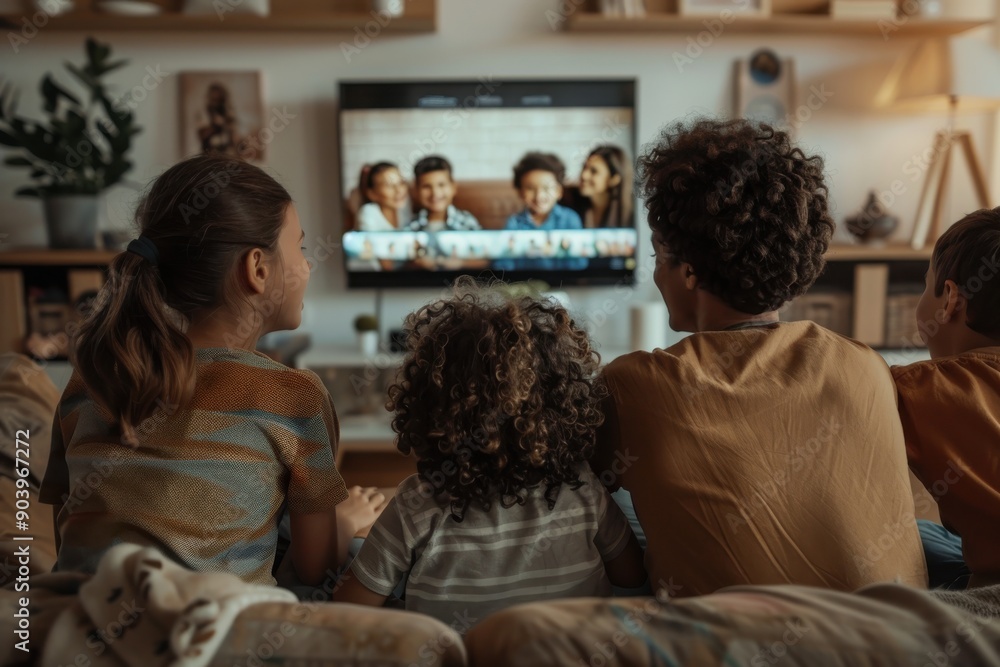 custom made wallpaper toronto digitalA group of children seated on a cozy sofa, watching TV together with their backs turned to the camera, creating a scene of camaraderie and shared entertainment.
