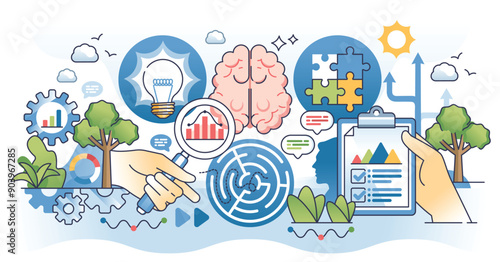 Behavioral psychology for patient mental health care outline hands concept. Mind, emotional and cognitive problem solving with therapy, counseling and clinical guidance vector illustration.
