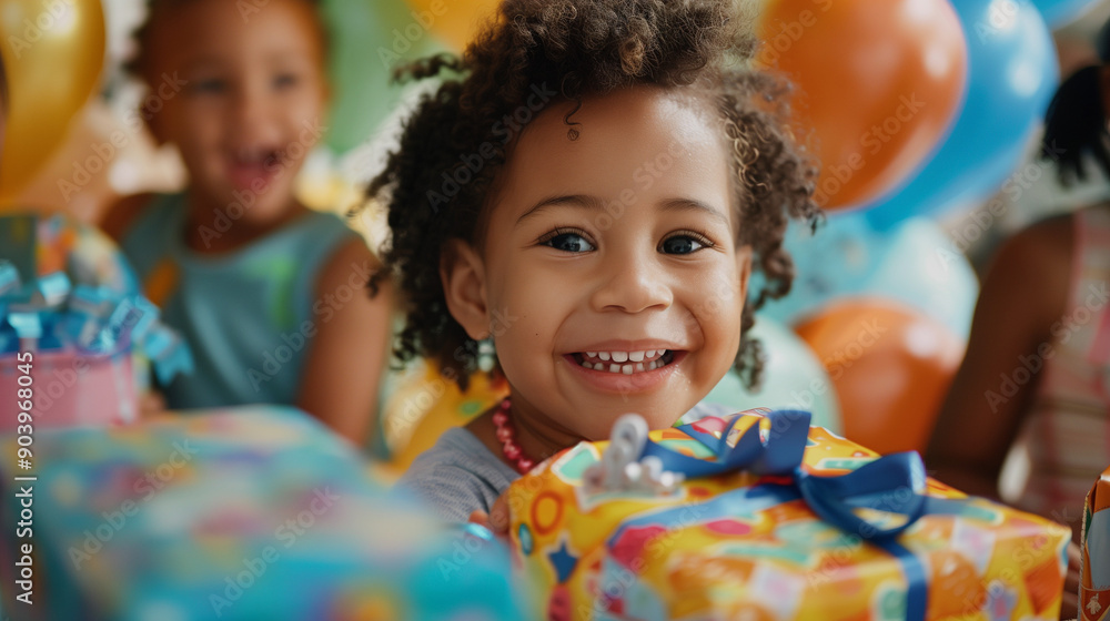 a young child opening presents at a birthday party, surrounded by balloons and friends a young child opening presents at a birthday party, surrounded by balloons and friends