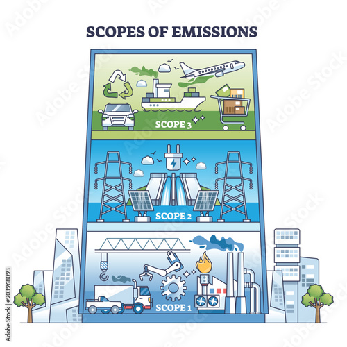Scopes of emissions with CO2 sources as building floors outline diagram. Labeled scheme with transportation, electricity production and manufacturing as main atmosphere pollution vector illustration.