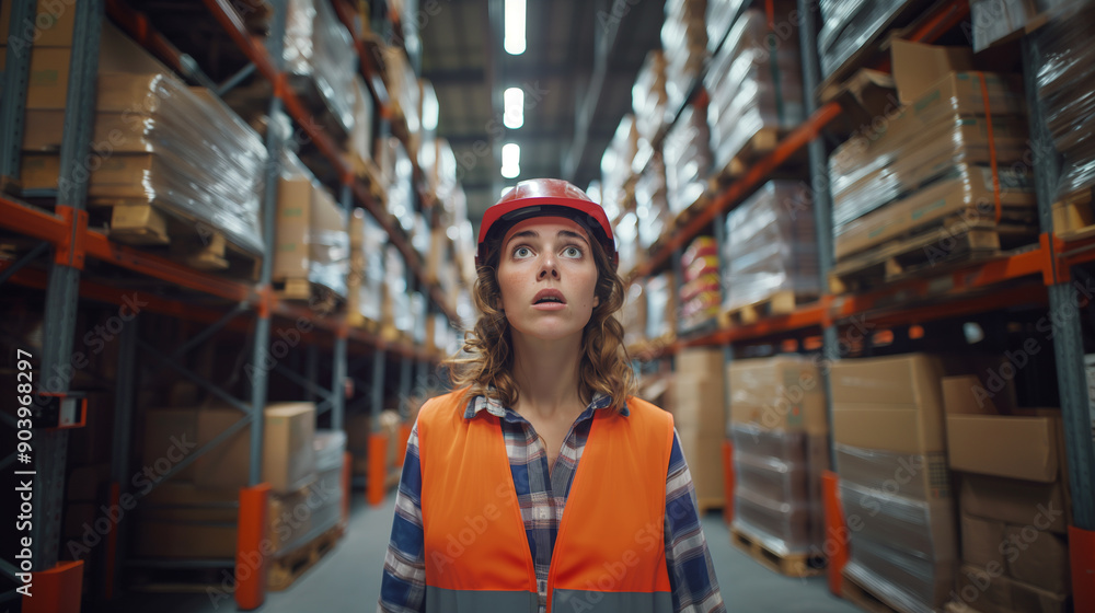 Portrait of surprised woman, storekeeper or worker. Background warehouse, shelves with cardboard boxes. Warehouse manager in helmet and safety vest. Surprised manager looking at camera. AI generative Portrait of surprised woman, storekeeper or worker. Background warehouse, shelves with cardboard boxes. Warehouse manager in helmet and safety vest. Surprised manager looking at camera. AI generative