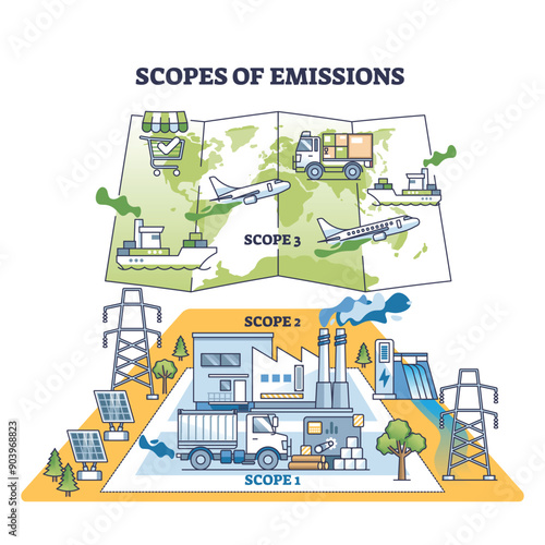 Scopes of emissions as greenhouse gases sources in layers outline diagram. Labeled scheme of transportation, energy production and fossil fuel burning carbon emission division vector illustration.