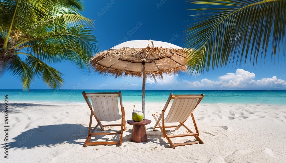 Obraz premium 3d deck chair with palm tree, umbrella and coconuts on the white sand on seaside