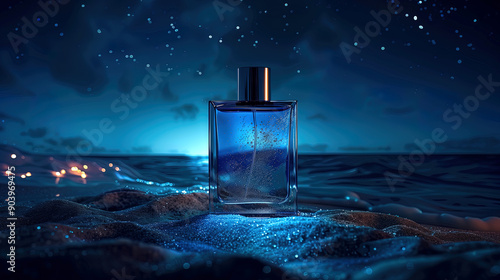 Elegant perfume bottle on a beach at night