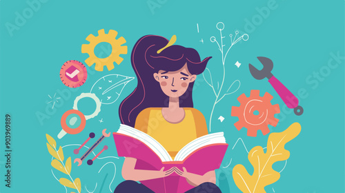 Professional Woman with Instruction Manual Concept - Illustration of Young Girl Near Technology Manual