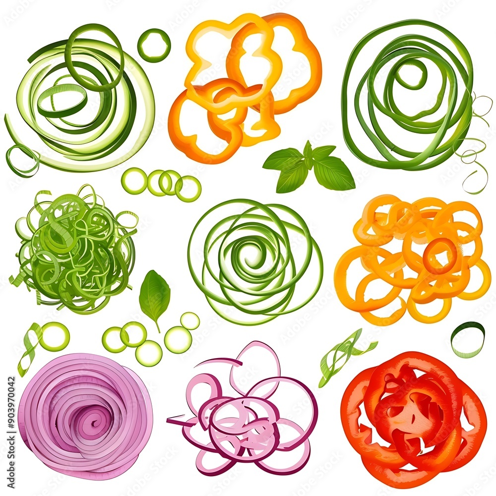 Colorful Vegetable Slices in Spiral Shapes. Colorful Vegetable Slices in Spiral Shapes.