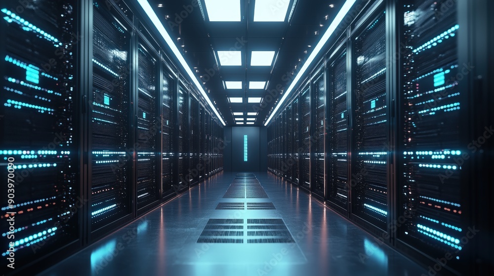 Technology Hubs: Modern Server Room with Rows of Advanced Data Storage Units. High-Tech Infrastructure Showcasing Cutting-Edge Computing Power, Network Connectivity, and Cloud Solutions for Enterprise