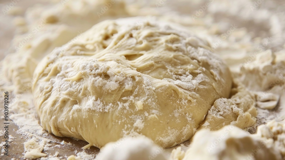 Pizza dough on a floured wooden surface evokes a homemade baking setting, enhancing the authentic feel of the scene. Pizza dough on a floured wooden surface evokes a homemade baking setting, enhancing the authentic feel of the scene.