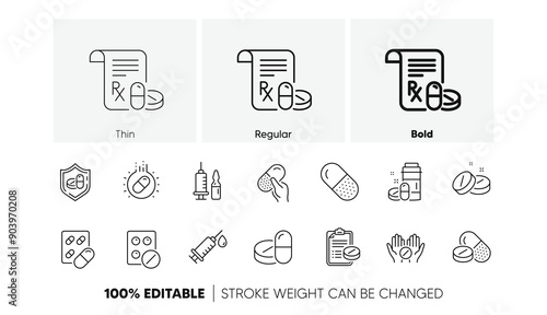 Healthcare, Prescription and Pill signs. Medical drugs line icons. Pharmacy drugs, recipe pill icons. Antibiotic capsule, syringe vaccination. Linear set. Line icons set. Vector