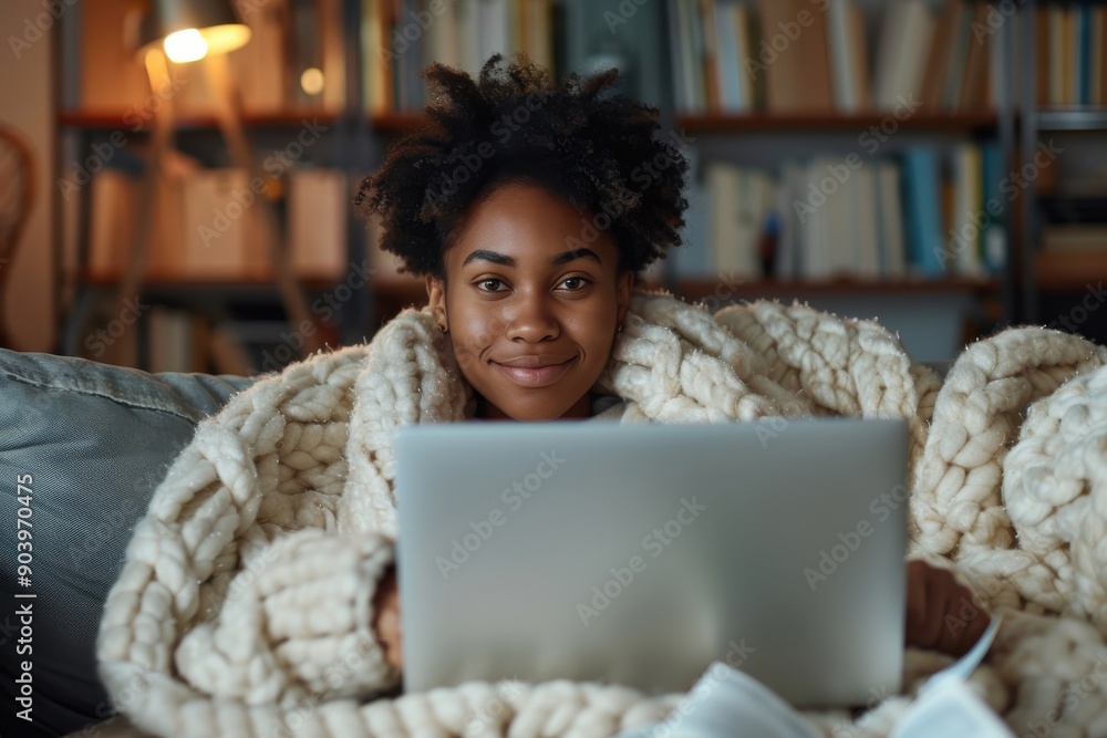 Sitting comfortably at home, a woman wraps herself in a fluffy white blanket while using a tablet, surrounded by books and warm lighting, which evokes calmness and focus. Sitting comfortably at home, a woman wraps herself in a fluffy white blanket while using a tablet, surrounded by books and warm lighting, which evokes calmness and focus.