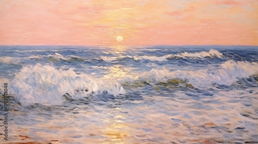 Fototapeta premium Impressionist painting of tropical beach at sunset with gentle waves