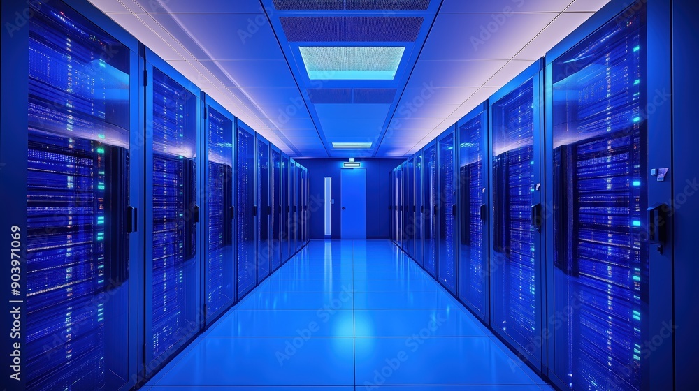 Technology Hubs: Modern Server Room with Rows of Advanced Data Storage Units. High-Tech Infrastructure Showcasing Cutting-Edge Computing Power, Network Connectivity, and Cloud Solutions for Enterprise Technology Hubs: Modern Server Room with Rows of Advanced Data Storage Units. High-Tech Infrastructure Showcasing Cutting-Edge Computing Power, Network Connectivity, and Cloud Solutions for Enterprise