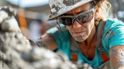 A worker intensely engaged in their task, covered in mud and wearing a hard hat, portrays determination, hard work, and resilience in a physically demanding environment. photo