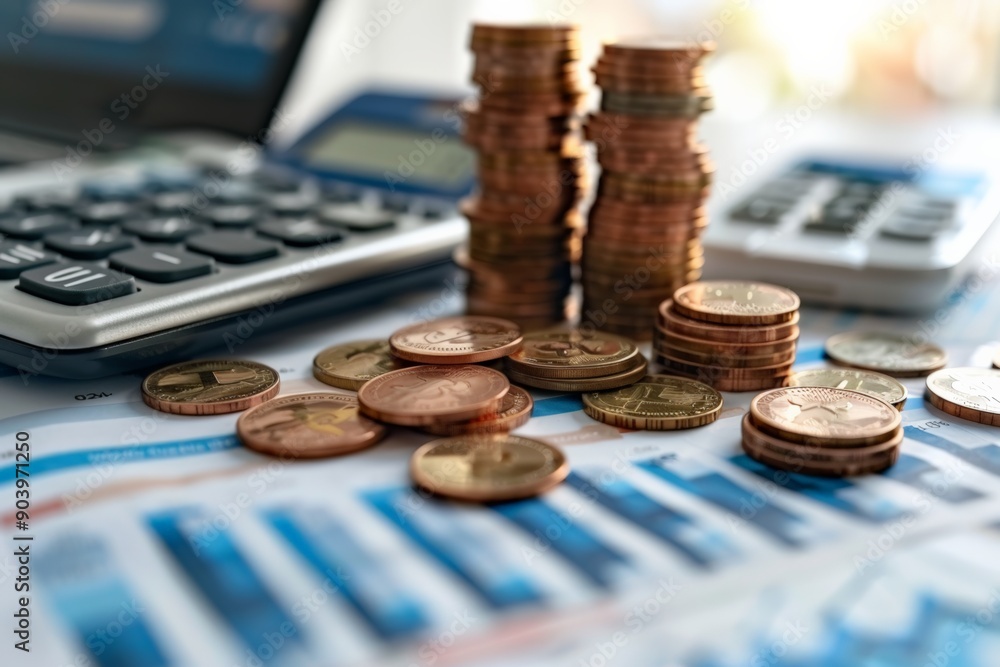 Stacks of coins on financial charts and a pen on a desk, illustrating the concept of savings, investment, and economic growth. Stacks of coins on financial charts and a pen on a desk, illustrating the concept of savings, investment, and economic growth.
