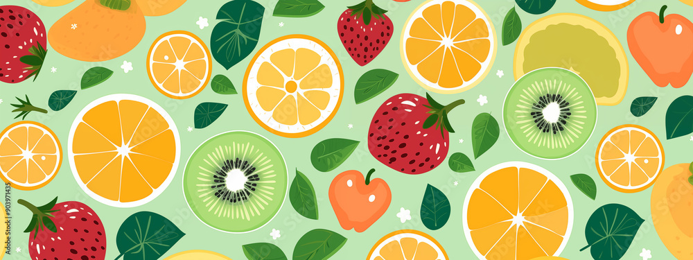 Bright Fruit And Leaf Pattern With Oranges Kiwis Strawberries And Mangos On A Light Green Background Bright Fruit And Leaf Pattern With Oranges Kiwis Strawberries And Mangos On A Light Green Background