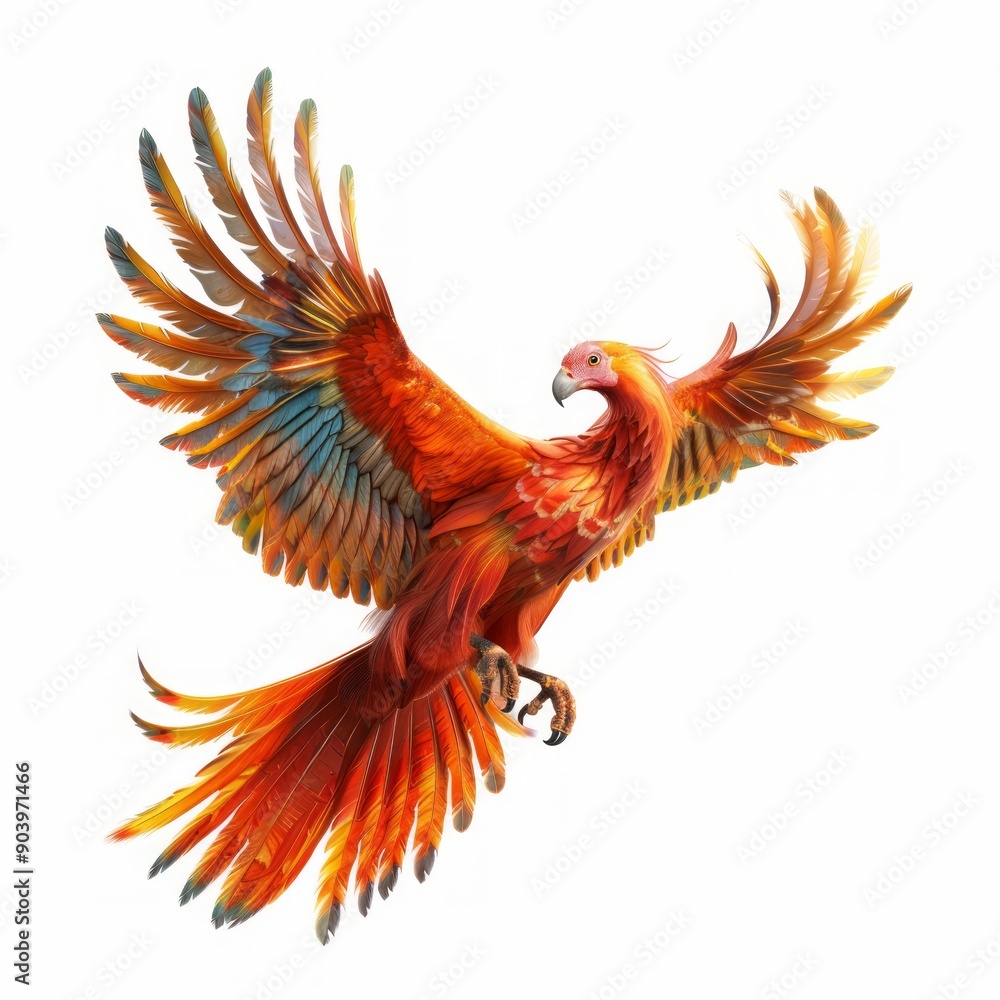 Medium shot of Baby fiery phoenix, isolated on a white background, bright and vivid tonality Medium shot of Baby fiery phoenix, isolated on a white background, bright and vivid tonality
