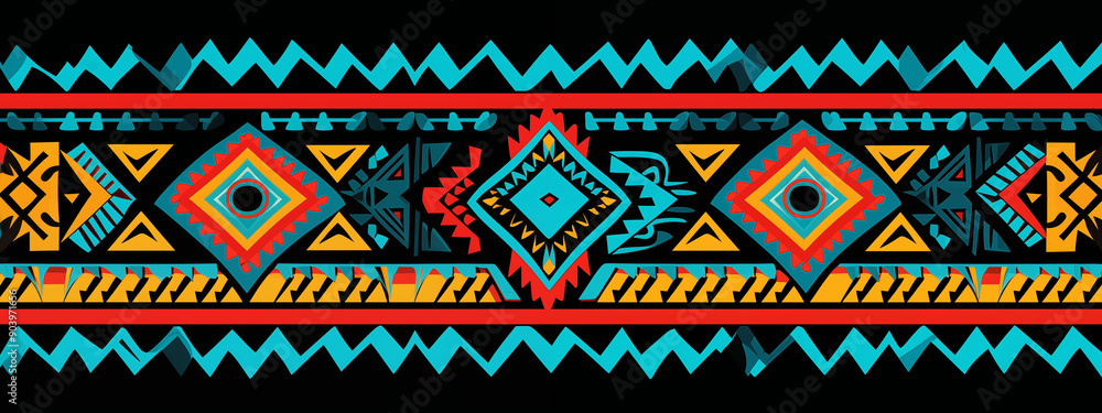 Geometric Tribal Pattern With Colorful Diamonds And Zigzag Lines In Bright Colors Geometric Tribal Pattern With Colorful Diamonds And Zigzag Lines In Bright Colors