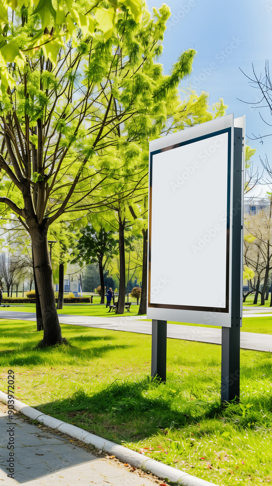 high-quality image featuring an empty poster mockup displayed in a modern city park high-quality image featuring an empty poster mockup displayed in a modern city park