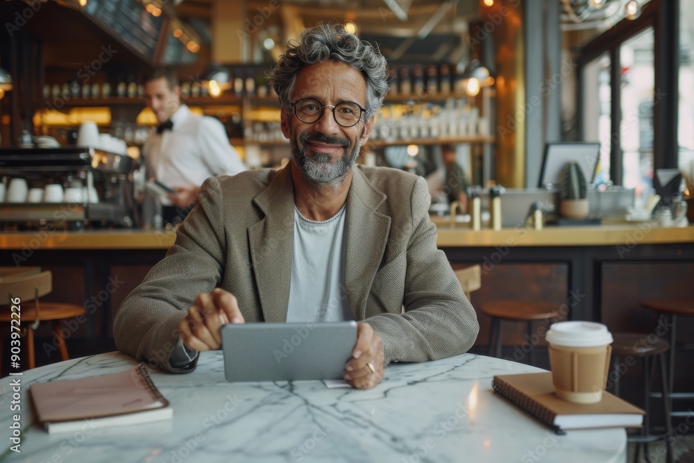 Fototapeta premium A man with glasses and a beard is sitting at a table in a modern café, engaging with a tablet, a cup of coffee, notebook and pen also on the table.