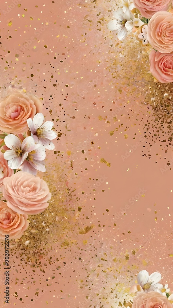 Fototapeta premium Magical cosmic background of peach with glitter gold and flowers