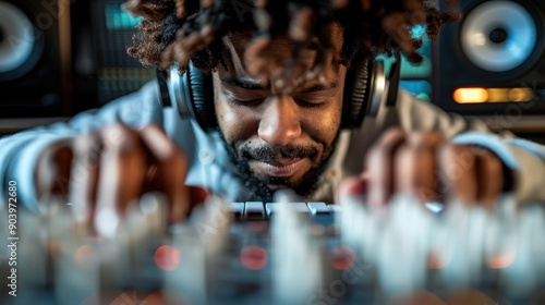 An individual with textured hair, engrossed in adjusting controls on a sound mixer while wearing headphones, suggesting productive engagement in audio engineering.