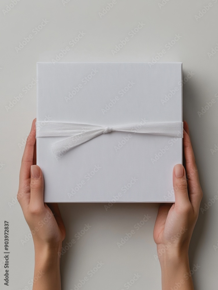 A hands holding a beautifully wrapped white gift box with a ribbon, perfect for celebrations or special occasions. A hands holding a beautifully wrapped white gift box with a ribbon, perfect for celebrations or special occasions.