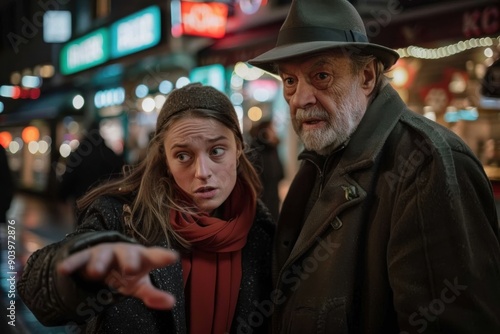 An elderly man and young woman, wrapped in heavy winter clothes, passionately discuss directions, reflecting the dynamic and spirited nature of their relationship.