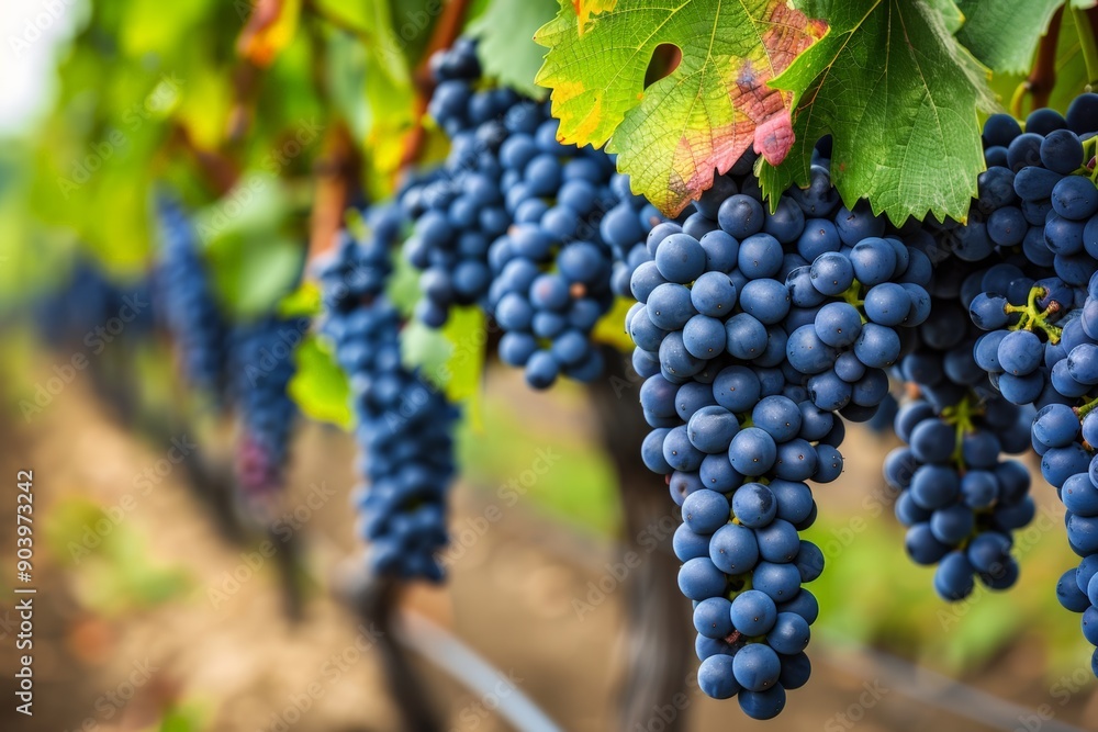 Naklejka premium A bunch of ripe grapes hanging from a vine in a vineyard, showcasing the abundance and beauty of the harvest season.
