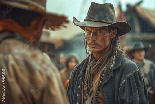 A fierce-looking man wearing a cowboy hat and leather clothing in the wild west. American cowboy film movie series. Historical picture and costumes. photo