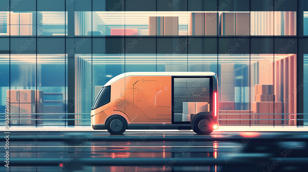 Small smart courier van is delivering goods on city road, concept of autonomous driving in modern logistics and express industry Small smart courier van is delivering goods on city road, concept of autonomous driving in modern logistics and express industry