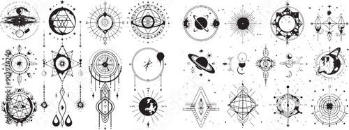 The hand drawn modern illustration incorporates sacred geometric moons, mystic revelation arrows, and mystic harmony to create an abstract magical tattoo.