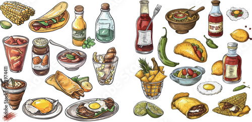 Engraving vintage meal for menu design, spicy ingredients. Mexican national burrito, tacos and nachos, enchilada and chili pepper.