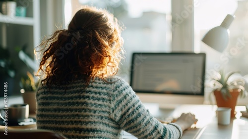 A person with curly hair is sitting at a desk in a home office environment, working on a computer, which is lit by natural sunlight streaming through a nearby window.