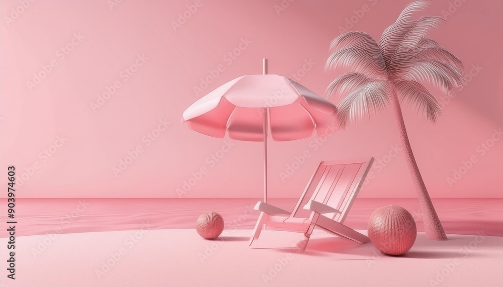 3d deck chair with palm tree, umbrella and coconuts on the white sand on seaside 3d deck chair with palm tree, umbrella and coconuts on the white sand on seaside