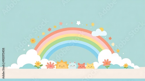 Rainbow, clouds, sun, stars, blue sky in paper cutout style. Suitable for greeting cards, posters, childrens books, and backgrounds.
