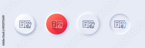 Engineering documentation line icon. Neumorphic, Red gradient, 3d pin buttons. Technical instruction sign. Line icons. Neumorphic buttons with outline signs. Vector