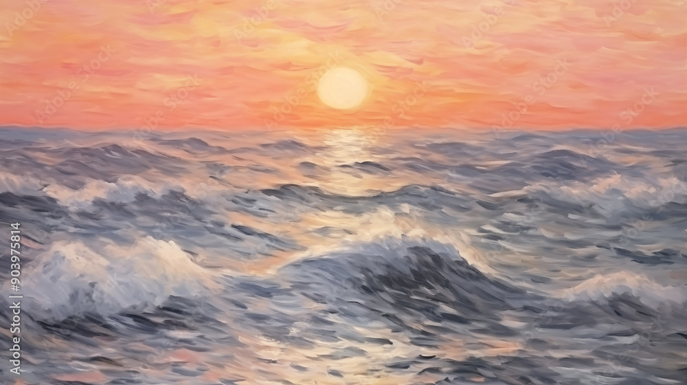 Fototapeta premium Impressionist painting of tropical beach at sunset with gentle waves