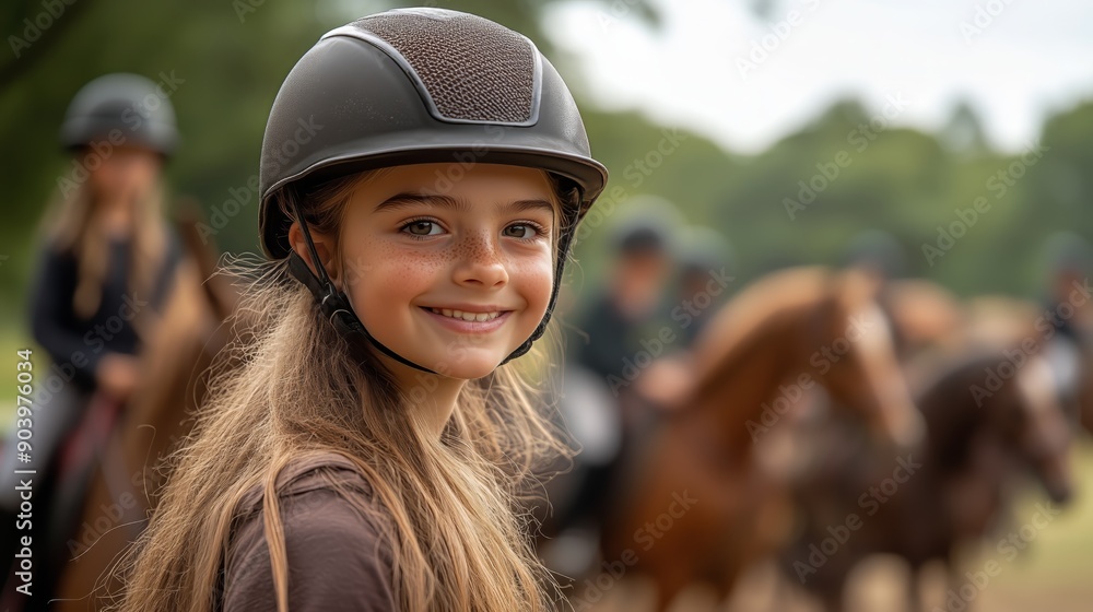 A young rider with a safety helmet stands focused during an equestrian class, with other participants and horses softly blurred in the background, highlighting the concentration A young rider with a safety helmet stands focused during an equestrian class, with other participants and horses softly blurred in the background, highlighting the concentration