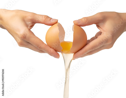 Fresh eggs being cracked open with hands, showcasing the rich yolk and flowing egg white, perfect for culinary imagery. photo