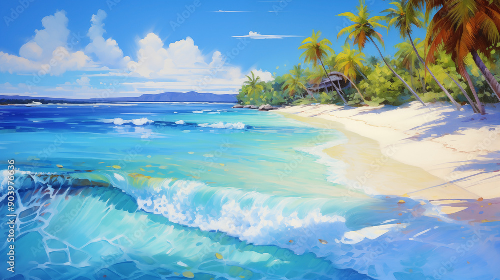 Fototapeta premium Tropical beach landscape with gentle waves and lush palm trees in summer