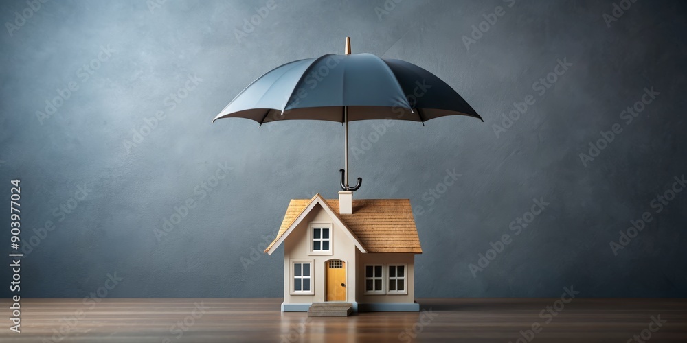 custom made wallpaper toronto digitalBanner of house under umbrella grey background. Home insurance residential home real estate mortgage protection security safety business investment concept. Copy paste, place for text. Generative AI