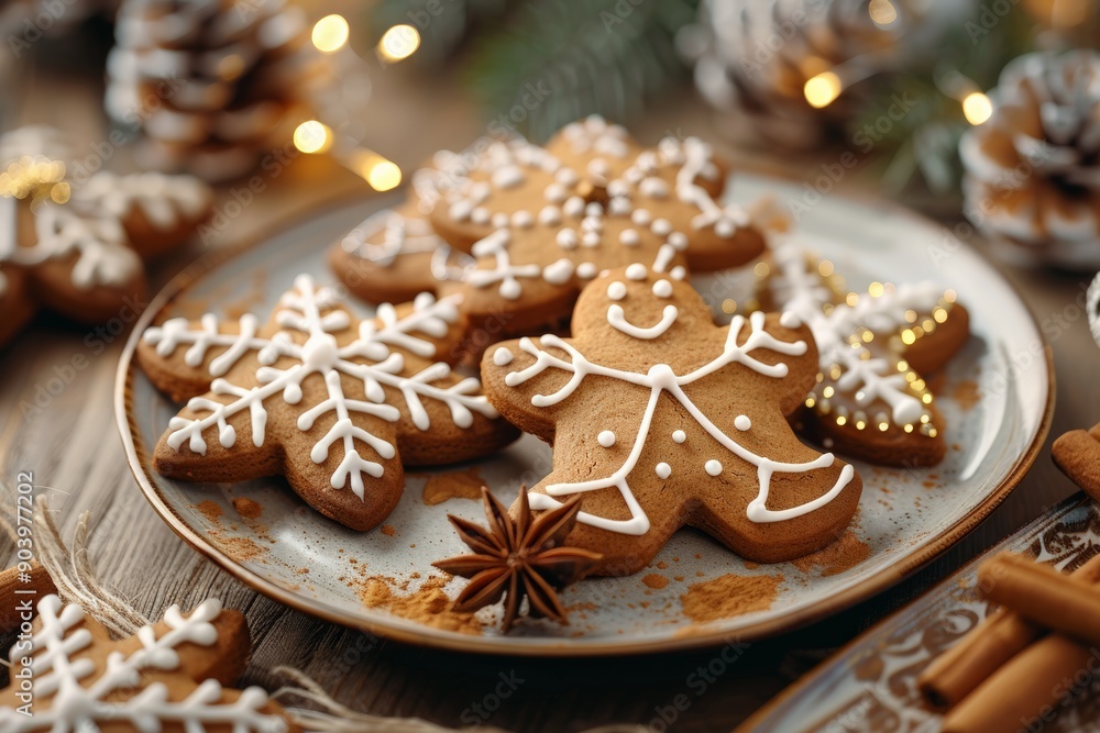 Fototapeta premium Plate of gingerbread cookies decorated with icing, surrounded by festive holiday decorations, evoking the warmth and joy of Christmas baking.