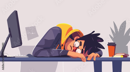 Work Burnout Concept: Man Sleeping in Front of Computer