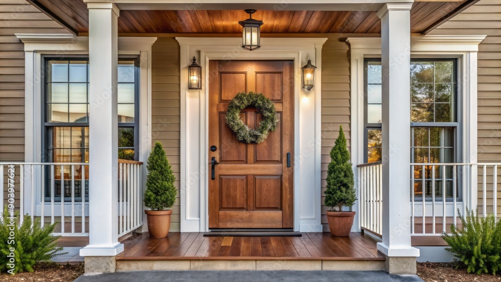 Rustic wooden front door with metal hardware and a stylish wreath adorns a modern farmhouse exterior, featuring a covered porch with white columns and railing. Rustic wooden front door with metal hardware and a stylish wreath adorns a modern farmhouse exterior, featuring a covered porch with white columns and railing.