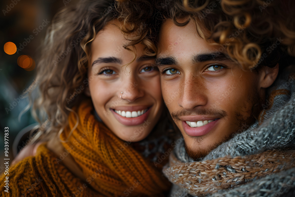 Winter Portrait of a Couple Smiling at the Camera During Christmas and New Year. Capturing the Warmth, Love, and Festive Spirit of the Holiday Season. A Joyful Scene Reflecting Togetherness, Kindness, Winter Portrait of a Couple Smiling at the Camera During Christmas and New Year. Capturing the Warmth, Love, and Festive Spirit of the Holiday Season. A Joyful Scene Reflecting Togetherness, Kindness,