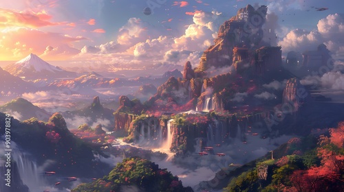 Fantasy Mountain Landscape with Waterfall and Flying Ships.