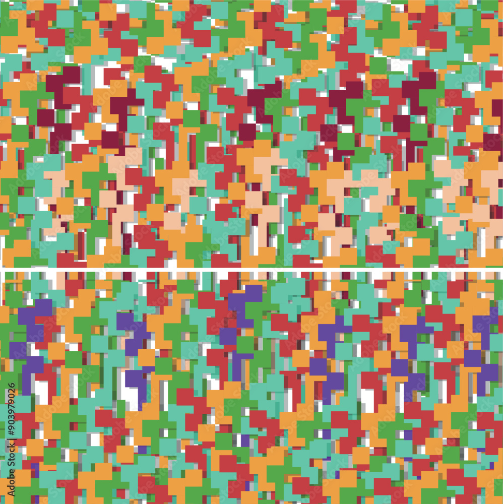 Fototapeta premium Texture in the form of bright colored pixel art. There is a cut border in the middle.