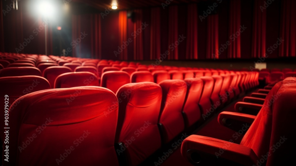 Empty cinema hall with red seats. Movie theatre. Neural network ai generated art