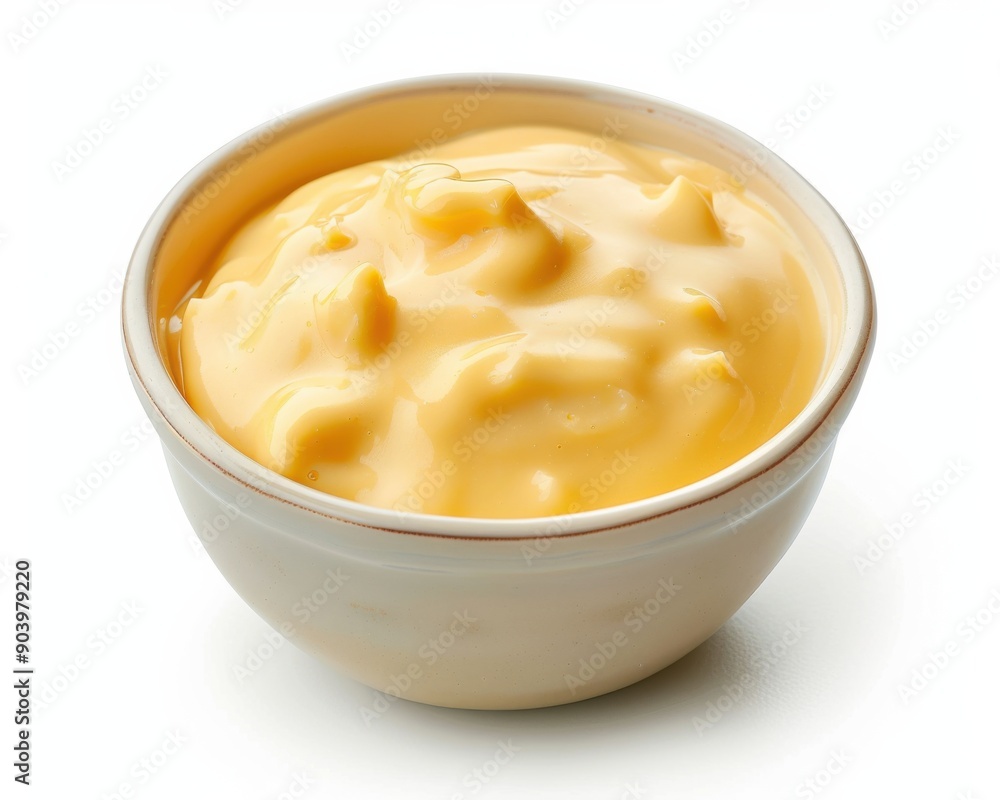Cheese Sauce Bowl on White Background. Creamy Culinary Concept in Vibrant Colors Cheese Sauce Bowl on White Background. Creamy Culinary Concept in Vibrant Colors